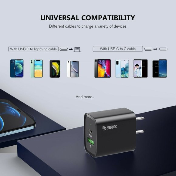 Esoulk Black 20W Fast Charger Dual USB C Wall Charger iPhone13/12/X/Galaxy/Note - Picture 6 of 6